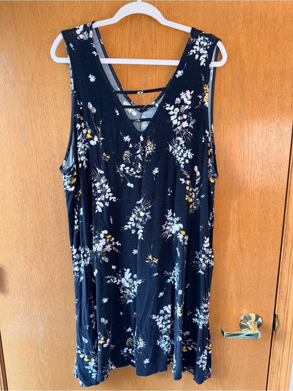 Sleeveles Black Floral V-Neck Dress with Yellow and White Floral Print